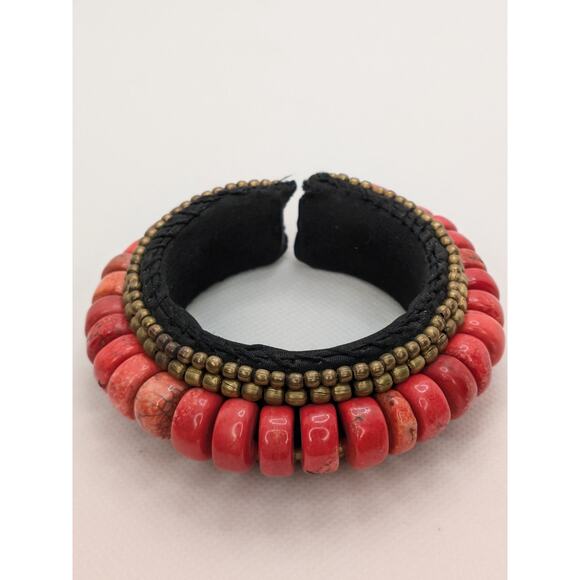 STUNNING Coral Himalayan Stone Bracelet Cuff Beaded Bangle Handmade 7.5" - Picture 1 of 7